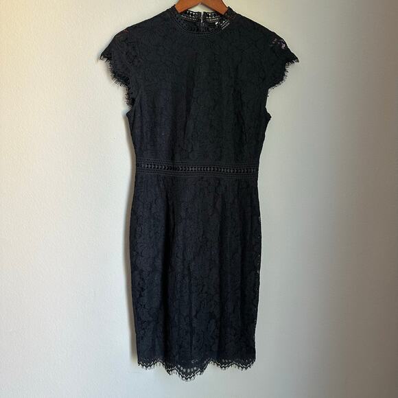 H&M Black Lace Mini Cocktail Dress Mock Neck Flutter Sleeve Size Small - Picture 1 of 8